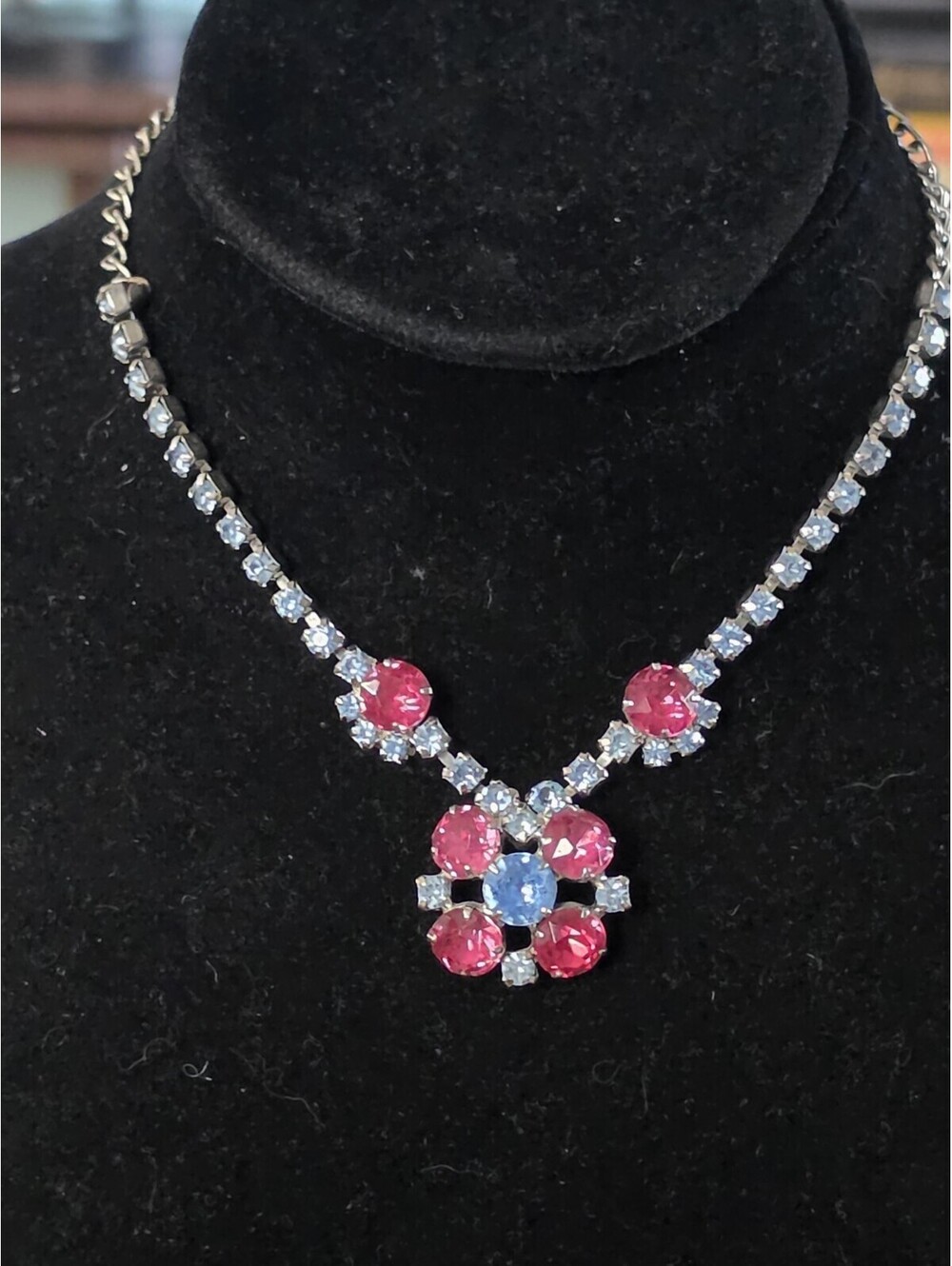Rare Vintage Floral pendant cluster Fuschia Blue And Clear  rhinestones Slivtone